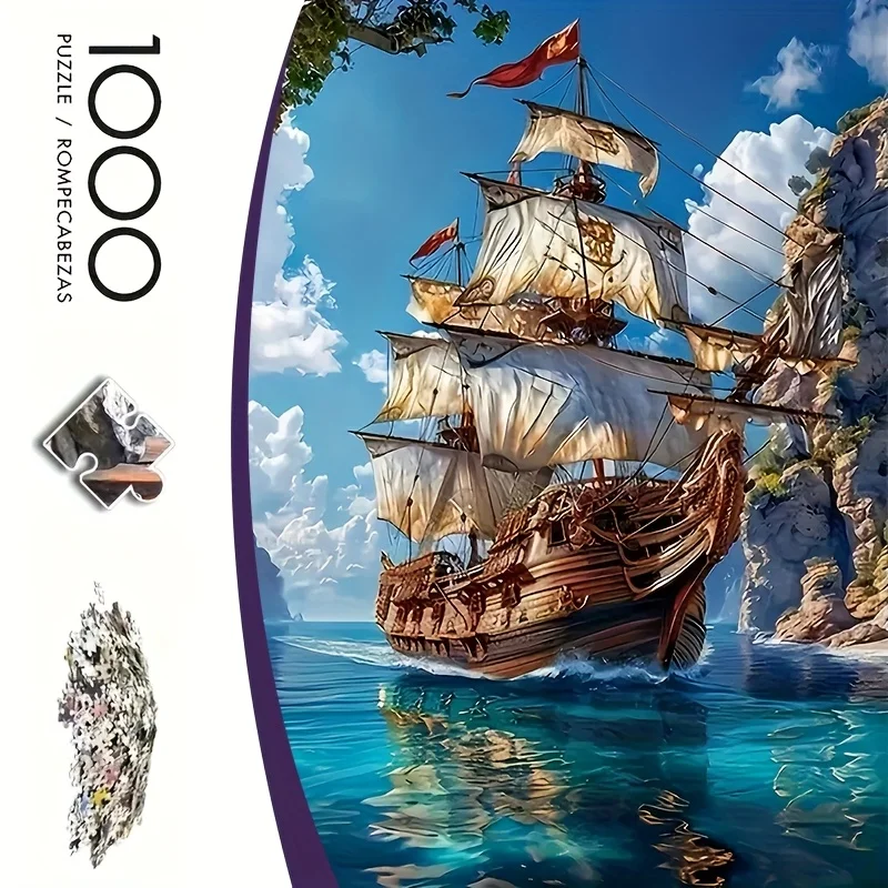 1000 Stück nautisches Schiffswrack-Abenteuer-Puzzle – 19, 7 x 27, 6 Zoll großes DIY-Puzzlespielzeug mit 3D-Segelschiff und Unterwasser-S