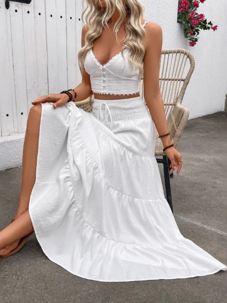 New Summer Women Fashionable Tiered Maxi Skirt High Waisted Elastic Waist Pleated Flowy Long Skirt Casual Solid Color Loose Long