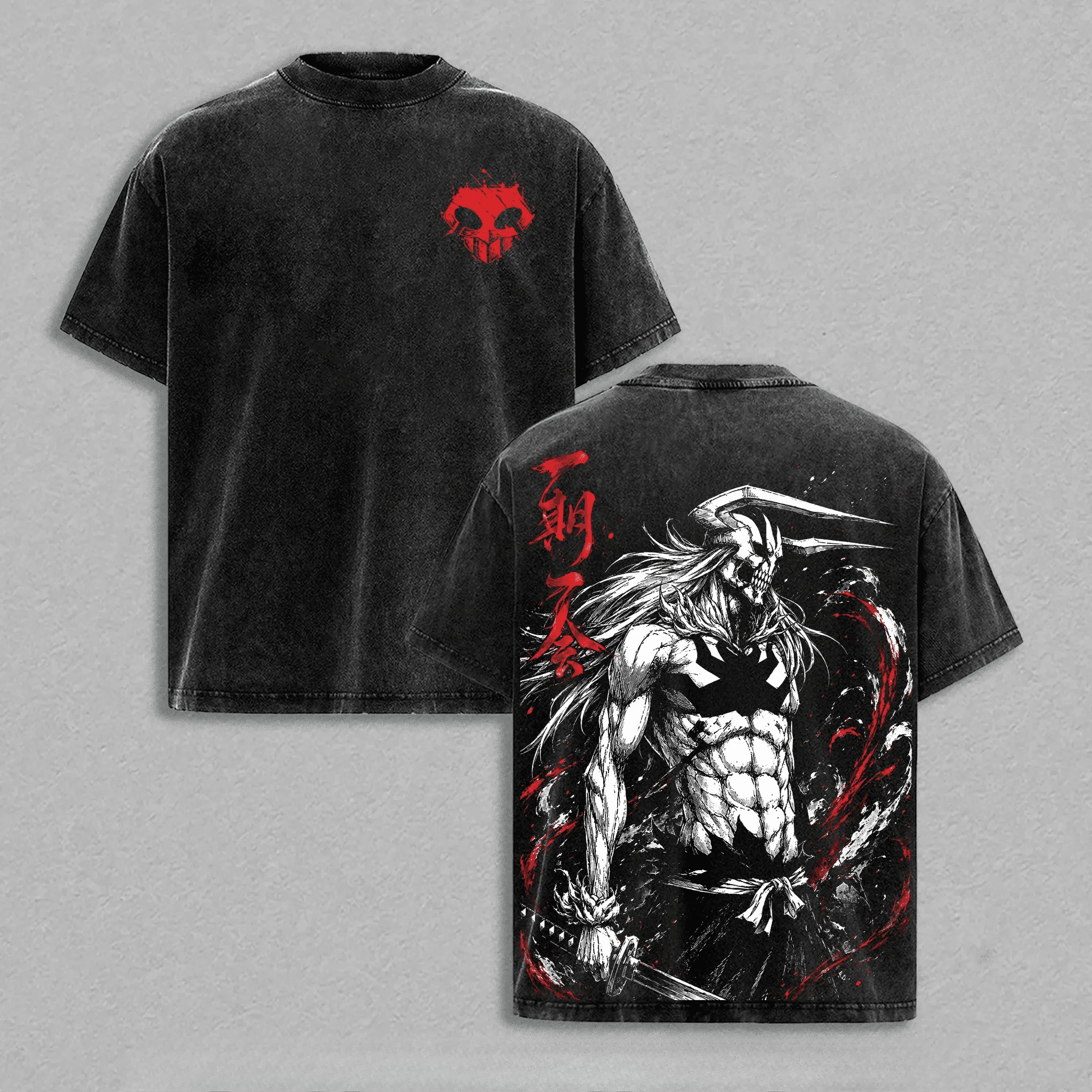 2026 Bleach Vasto Lorde Ichigo Doppelseitiges Anime-Grafik Vintage Washed Black T-Shirt Übergroßes Y2K Streetwear Baumwoll-T-Shirt