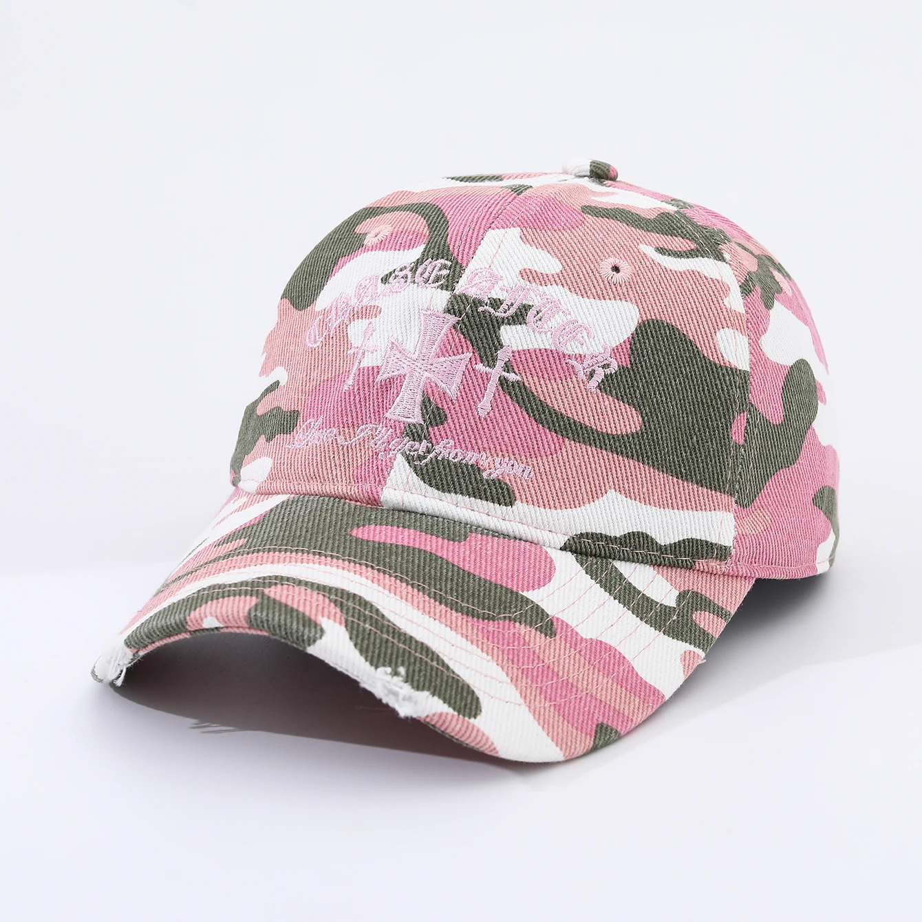 Europäische und amerikanische Mode-Camouflage-Baseballkappe mit gesticktem Schriftzug, weichem Oberteil und Sonnenschutzkrempe – Detail 7