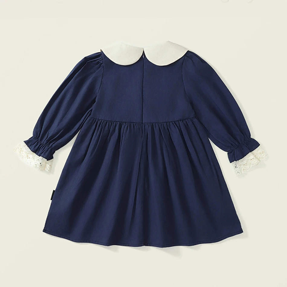 Charming Girls Long Sleeve Navy Blue Casual Dress Peter Pan Collar Rabbit Embroidery Designed Comfortable Stylish Spring Autumn