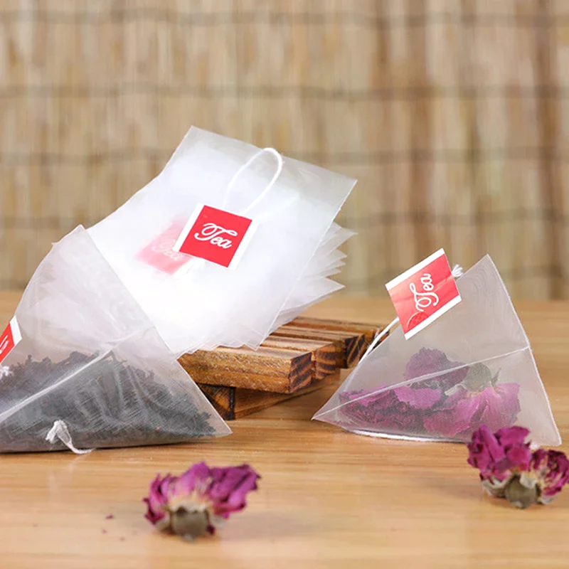 Pyramid Tea Bags Filter Portable Transparent Disposable Nylon Teabags Single String With Label Empty Tea Bags 100Pcs