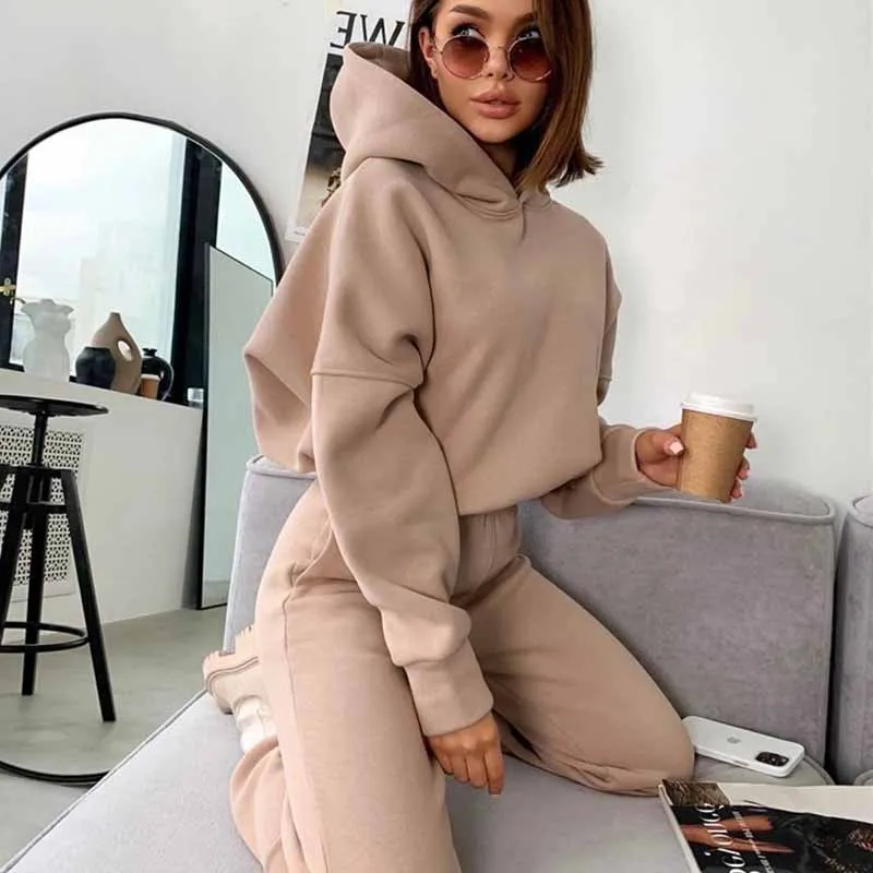 2 Piece Outfits Hooded Sweatshirt + Jogger Pants Casual Sport Suit Autumn Winter Two Piece Set Women\'s Tracksuit Female Clothes