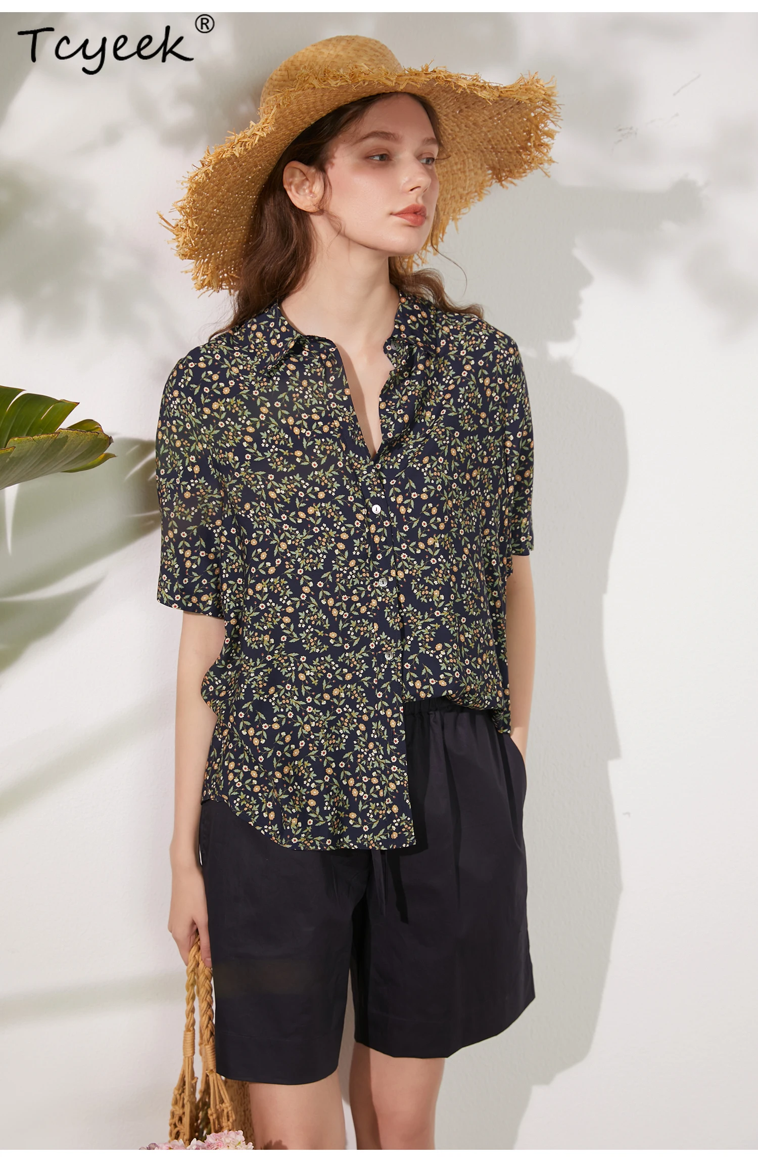 

Tcyeek, 20% Silk Elegant Retro Shirt, Women Half Sleeves Floral, Fashion Casual OL Blouses, 2024 Summer New Tops T43065QM