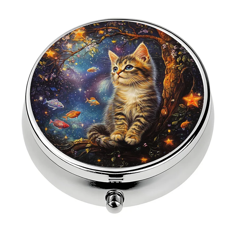 1-Pack Starry Sky Kitty Theme Pill Box with 3 Compartments Mini Pill Container Pill Organizer Unique Travel Gift
