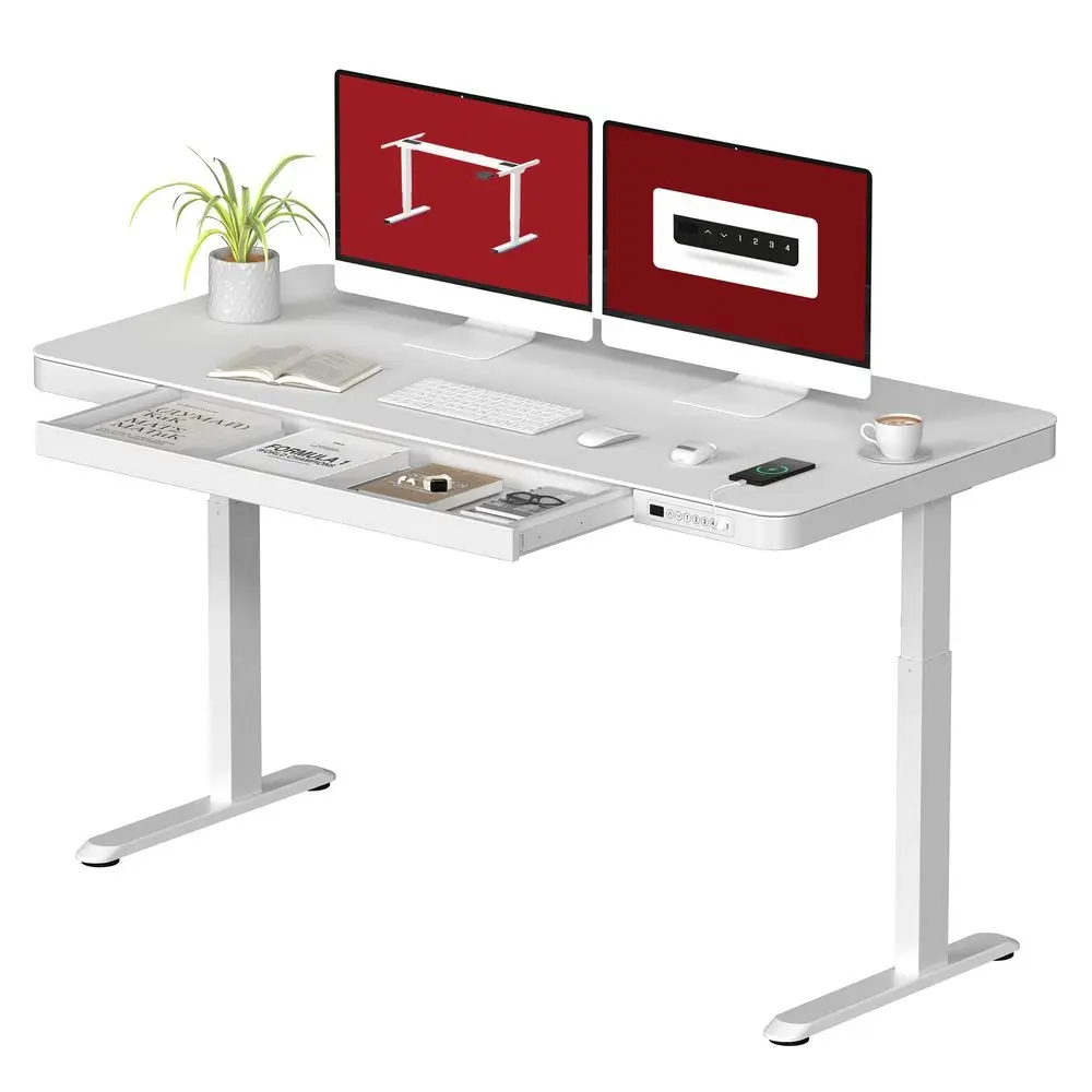 

Desk with Drawer, Electric Height Adjustable Home Office Desk with Storage amp USB Ports, 55 inch White Wood Tabletop White Fra