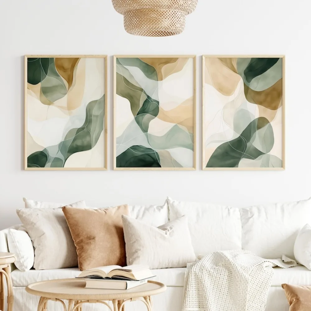 Frameless Abstract Green Plant Wall Art Prints,Neutral Watercolor Digital Download,Modern Minimalist Home Decor Printable Art