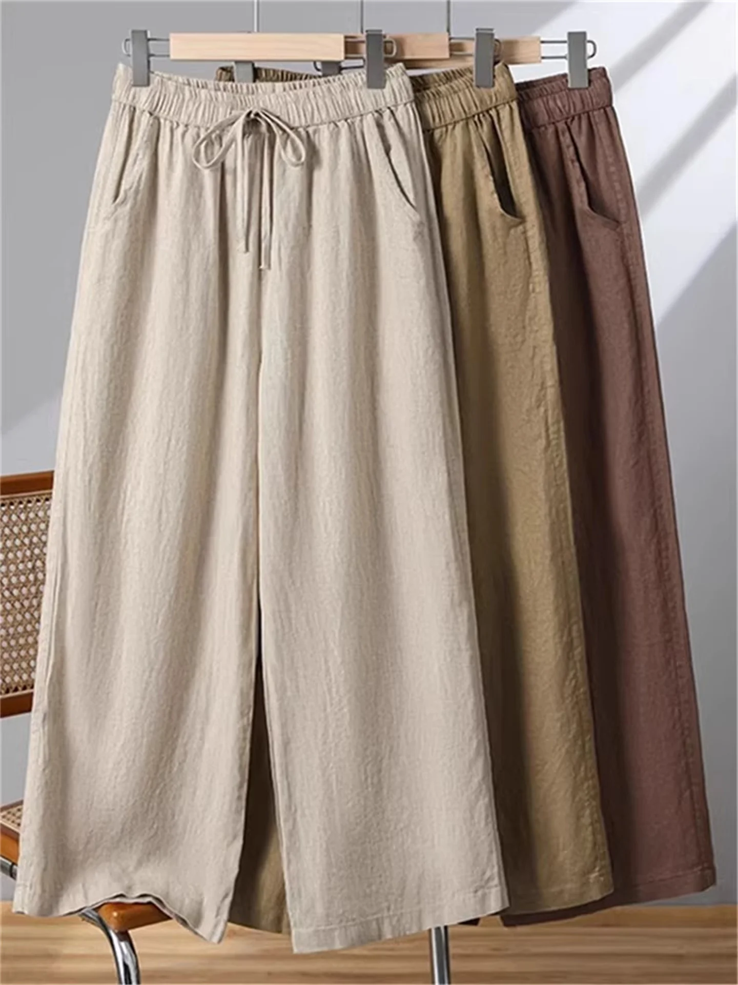 

Ice Silk Wide Leg Pants Women's Summer Thin Linen High Waist Loose Slim Cotton Linen Small Size Nine Point Straight Leg Pants