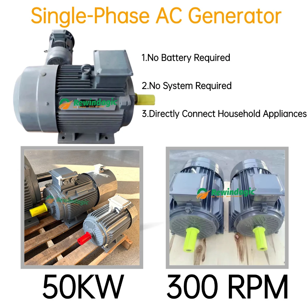 50KW 100KW Permanent Magnet Generator 110V 220V 230V 300RPM 200RPM Single phase AC Output No Battery Required No System Neede