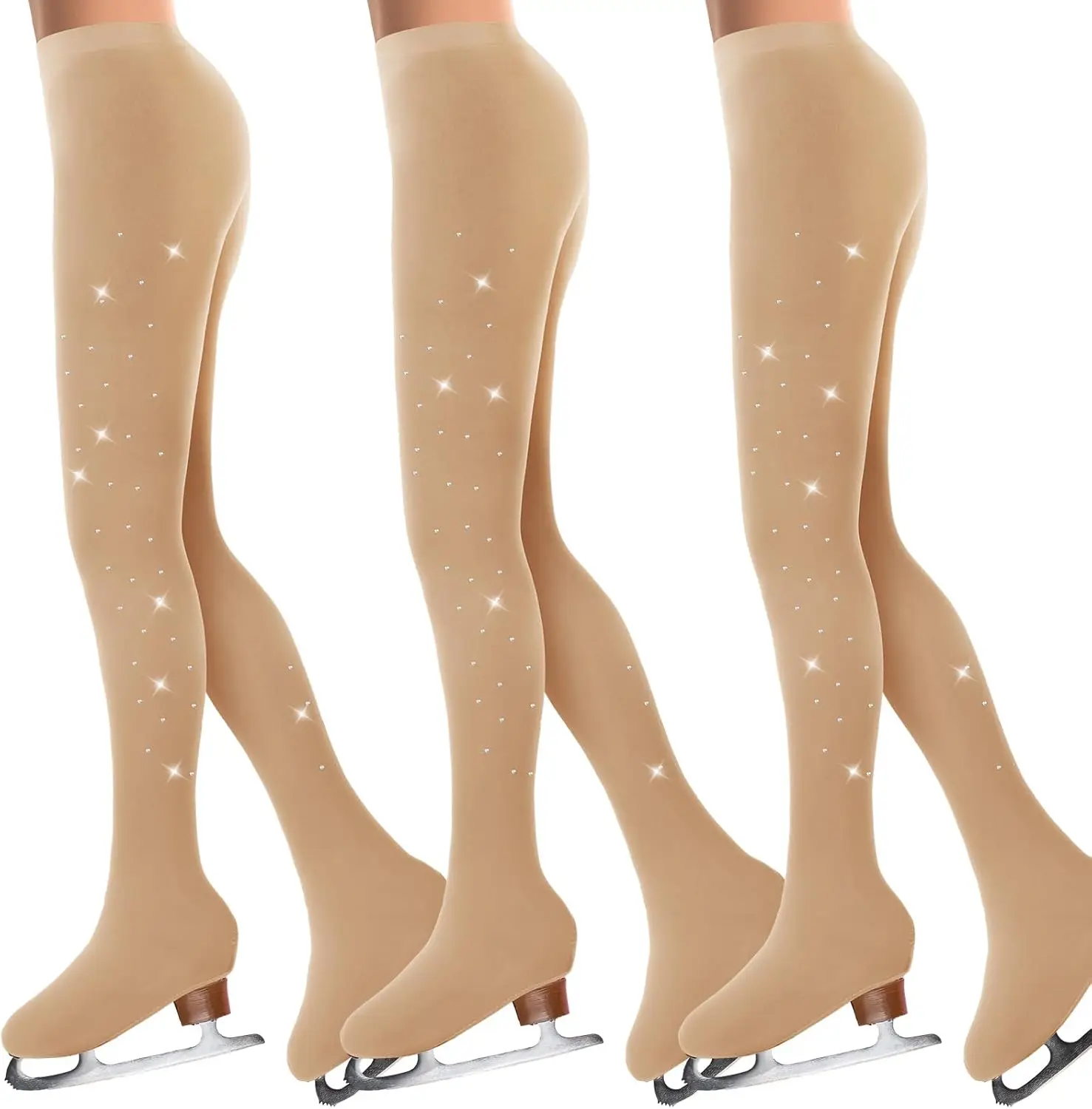 

3 Pcs Figure Skating Tights with Rhinestones for Girls Women Ice Skate Ballet Dance Kids Tan Crystal