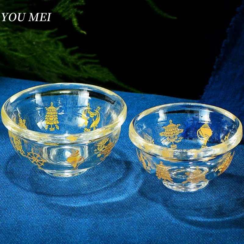 Buddhism Altars Crystal Bowl,Engraving Golden Auspicious Exquisite Texture Cup,Tibetan Handicraft Holy Water Bowl Buddhist Item