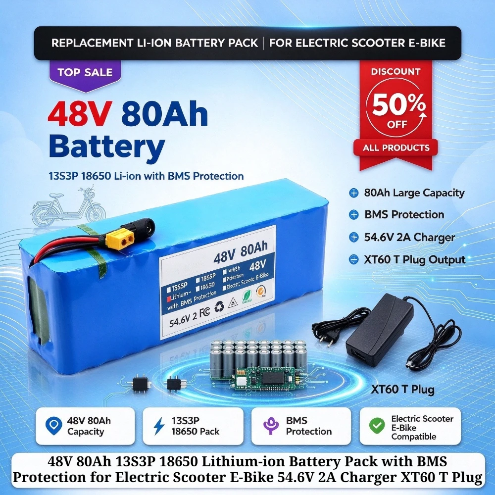 48V 80Ah 13S3P 18650 Lithium-ion Battery Pack with BMS Protection for Electric Scooter E-Bike 54.6V 2A Charger XT60 T Plug