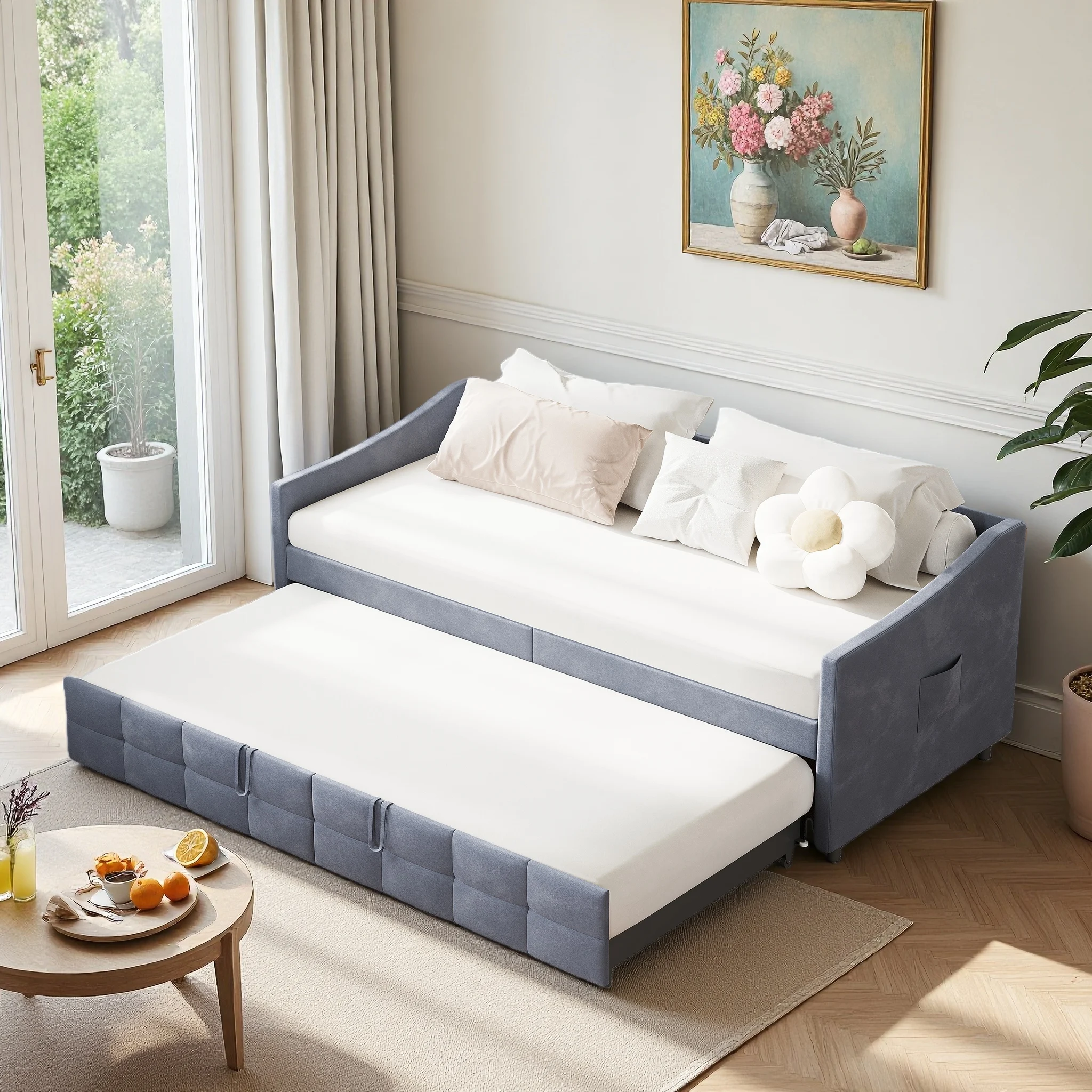 FANGANGE Sofá Cama Doble con Cama Nido Extraíble, Sofá Cama Tapizado con Bolsillos Laterales, Soporte de Láminas de Madera, Terciopelo, Gris/Beige