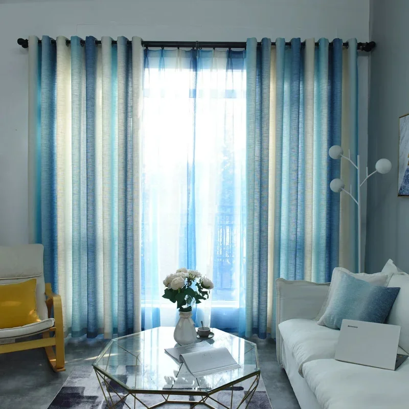 

Hemp Gradient Color Printing Shading Mediterranean American Color Stripe Nordic Curtains for Living Room Bedroom Dining Room