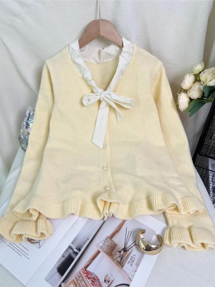 Delikatny sweter rozpinany z dzianiny, wiązany na kokardę, retro, damski, jesienno-zimowy, jednolity kolor, długi rękaw, okrągły dekolt, uniwersalne topy.