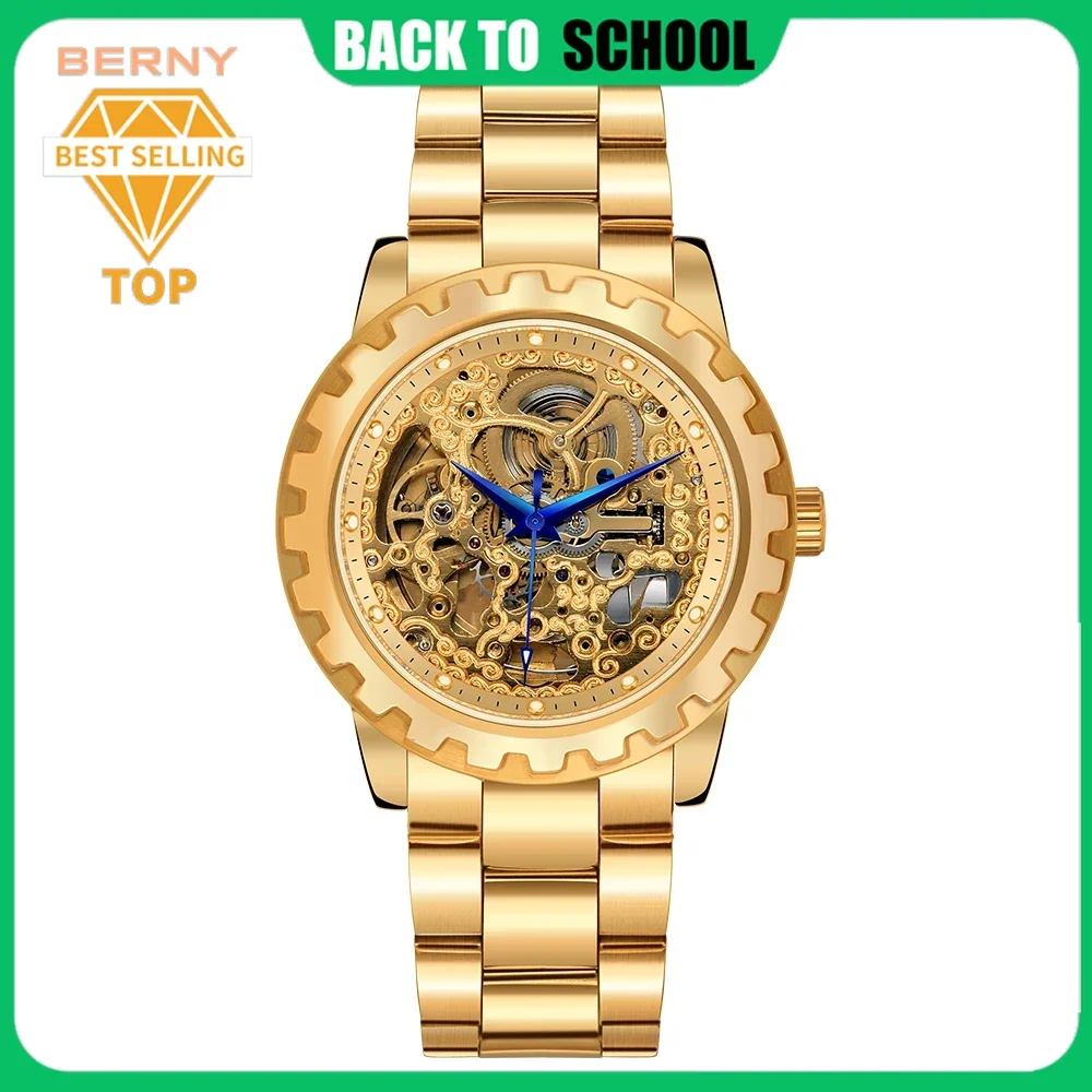 

BERNY Golden Automatic Mechanical Wristwatch Blued-steel Hand Exhibition Back Cover Luminous Hour Marker Luxury Skeleton Watch