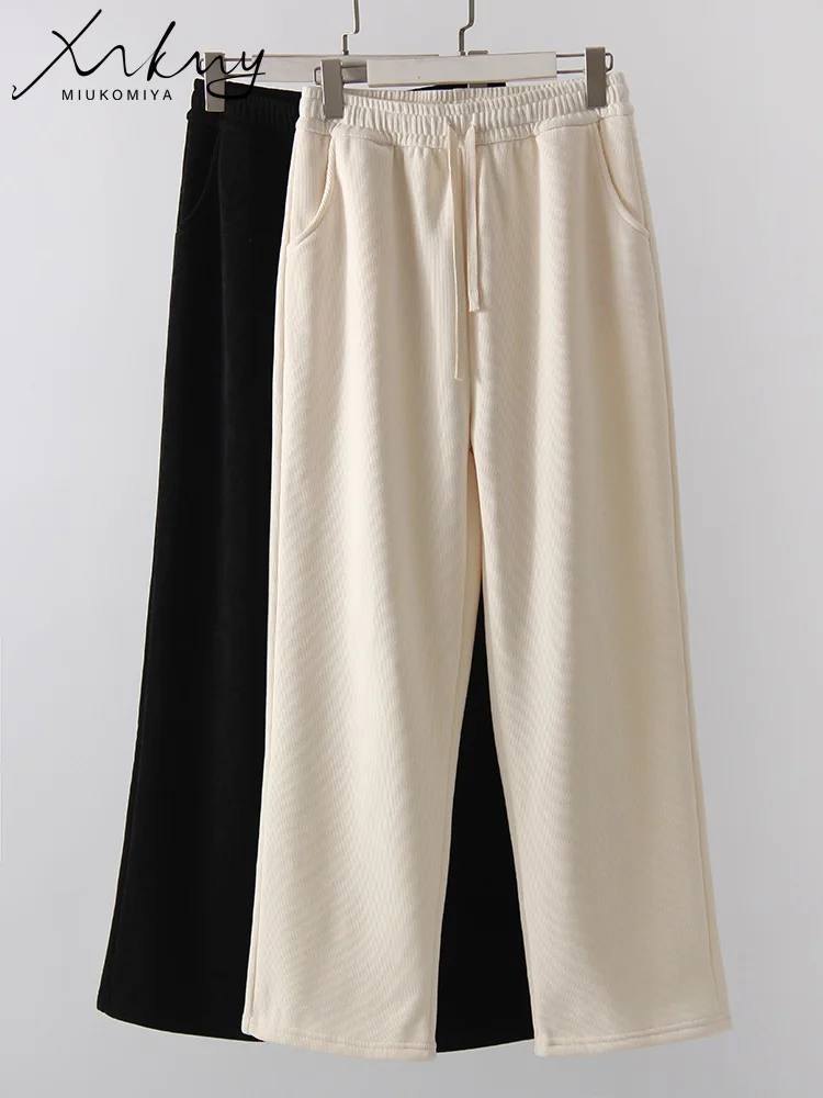 MiuKoMiYa Winter Pants For Women Velvet Thick Warm Beige Wide Leg Loose Trousers Black Women\'s Warm Fleece Pants Women Casual