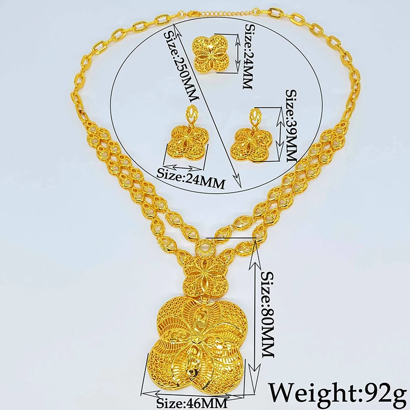 Dubai Fashion Jewelry Sets Of Pendant Love Shaped Chain Big Earrings 24K Gold Plated Luxury For Women Wedding Anniversary Gift