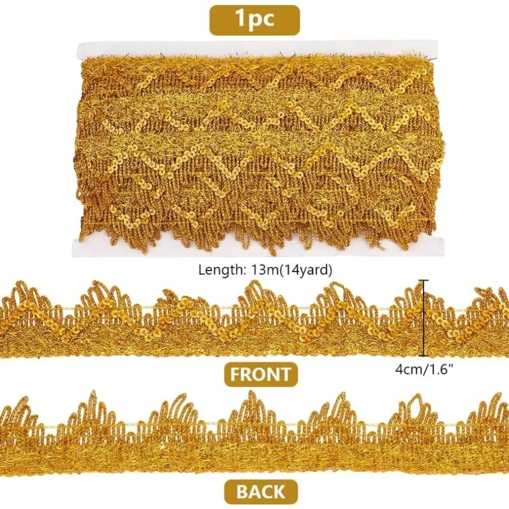 14.2 ياردة 1.5 بوصة مطرزة الدانتيل تقليم معدني الدانتيل تقليم البوليستر شريطة من الدانتيل Gimp مزين الحرفية الشريط لحفل الزفاف