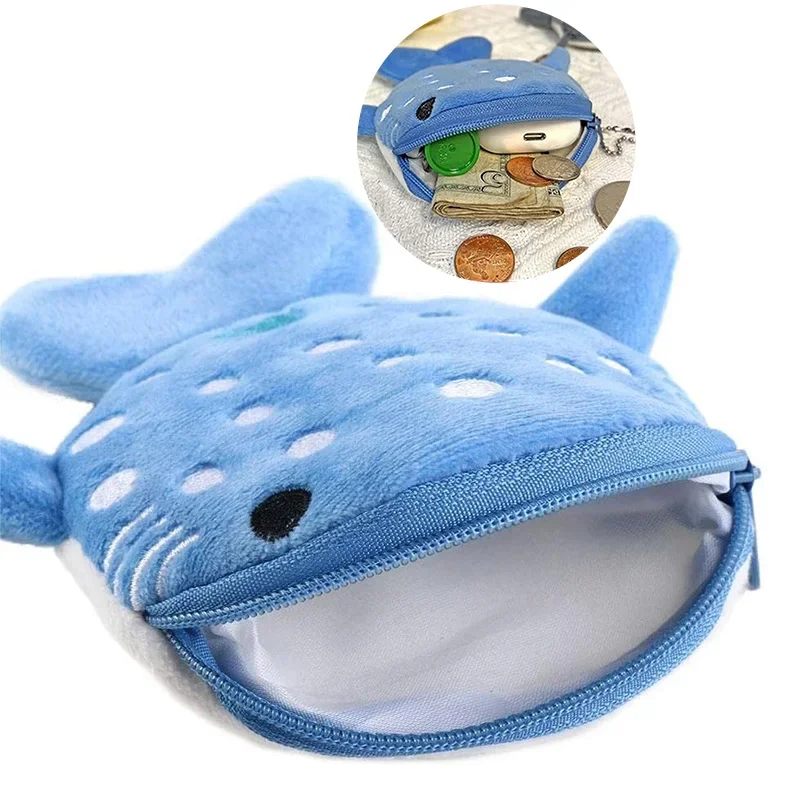 Cute Shark Coin Purse Cartoon Whale Shark Change Storage Bag for Kids Girls Portable Plush Coin Bag Key Earphone Coin Organizer