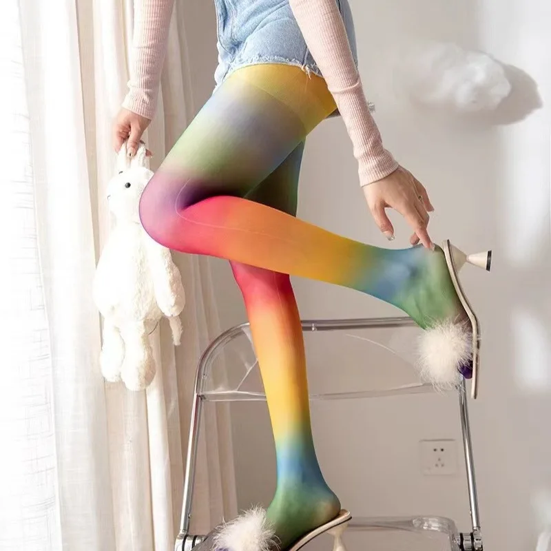 

Женские сексуальные длинные ажурные чулки радужного цвета Y2K, нишевый дизайн, персонализированные модные длинные чулки