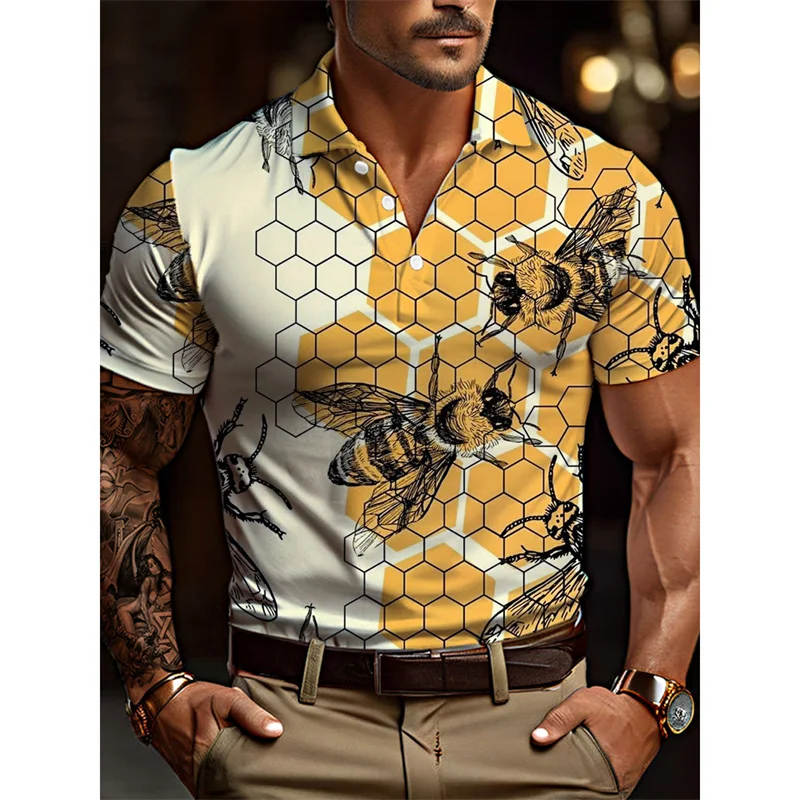

Fashion Bees Eagle Wolf 3D Printed Men's Polo Shirt Animal Graphic Tee Summer Casual Oversized Lapel Short Sleeve Top Streetwear
