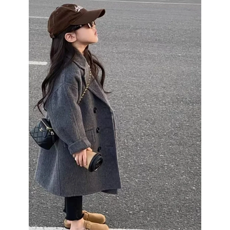 

Korean Style Wool Coat For Boys and Girls Autumn and Winter New Collection Medium to Long Gray Coat Children's Thick Windbreake