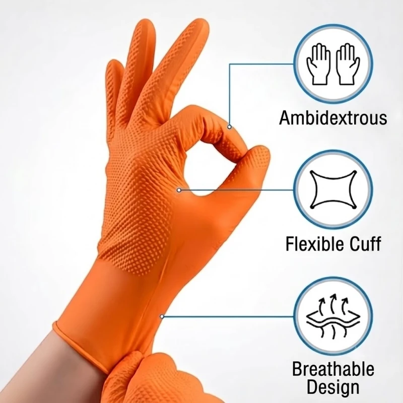 50/100PCS 8Mil Orange Nitrile Disposable Gloves Heavy Duty Industrial Diamond Textured Safety Gloves for Men Mechanic Auto Work