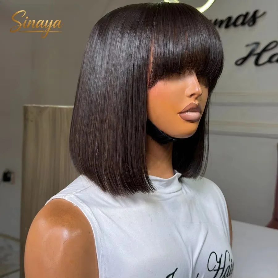 Natural Black Wig Short Bob Lace Front Wig with Bangs 13x4 HD Straight Wigs Synthetic Cosplay Makeup Daily Use On Clearance Sale