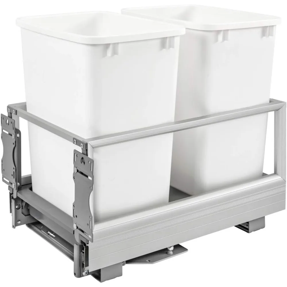 

Rev-A-Shelf 5149-18DM-211 Double 35 Quart Pull Out Kitchen Cabinet Waste Container Storage with Trash Can, Wire Basket, and Rev-