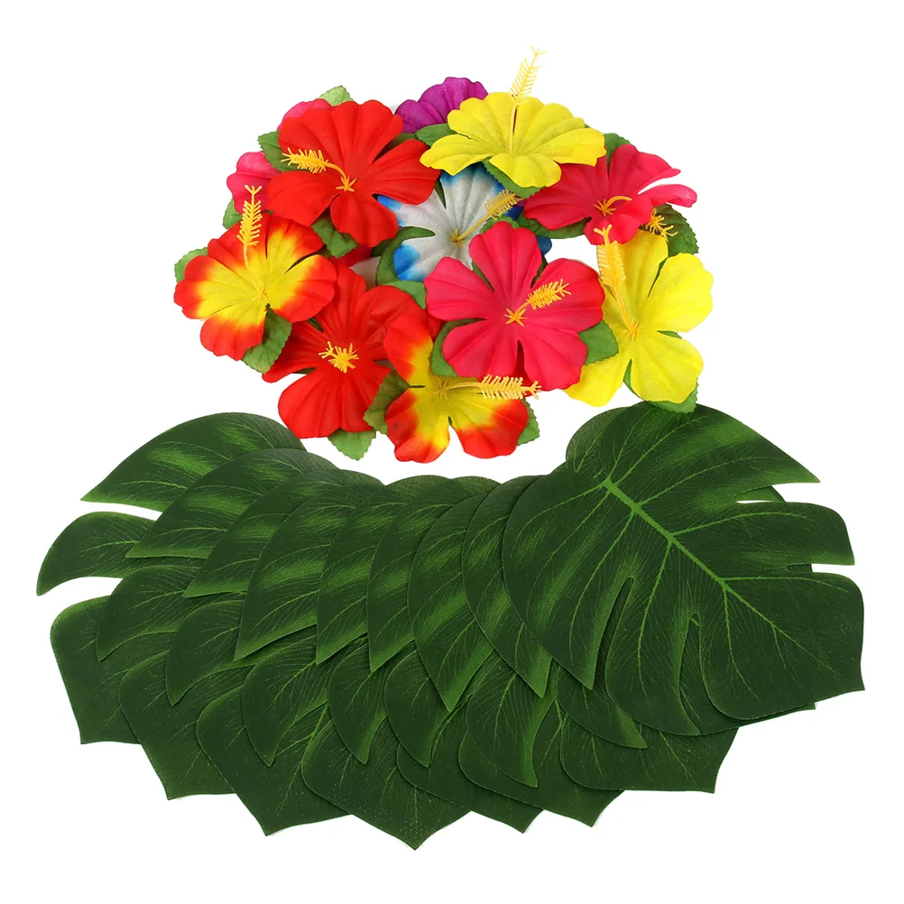

48pcs Hawaiian Theme Supplies Simulation Monstera Hibiscus Flowers Luau Party Decorations 8 Inches Monstera Hibiscus
