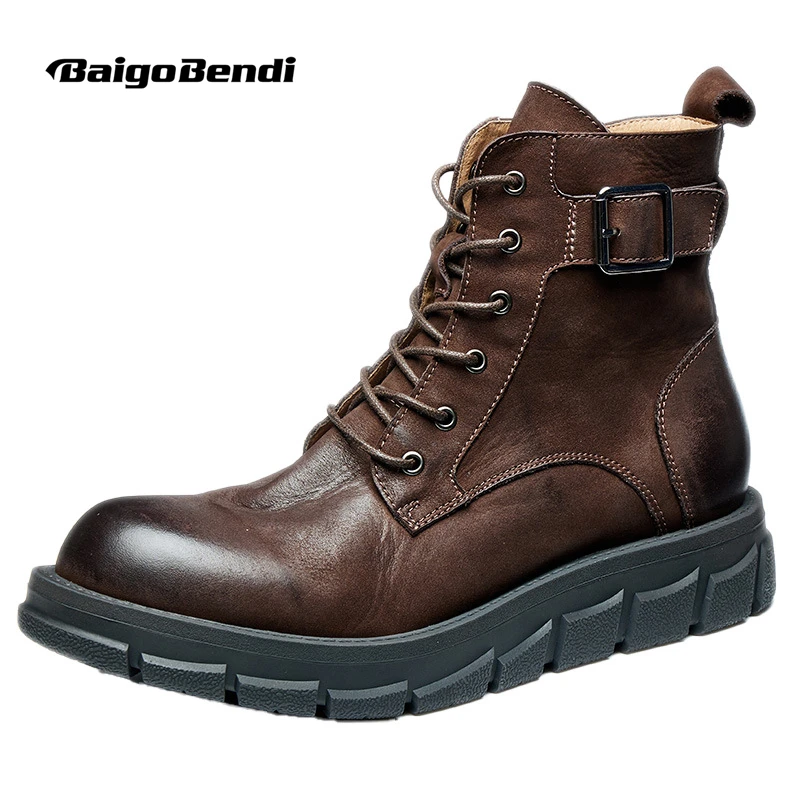 So Cool ! Retro Coffe Color Men's Heightened Motorcycle Work Boots Top Layer Cowhide Leather  Shoes Young Man