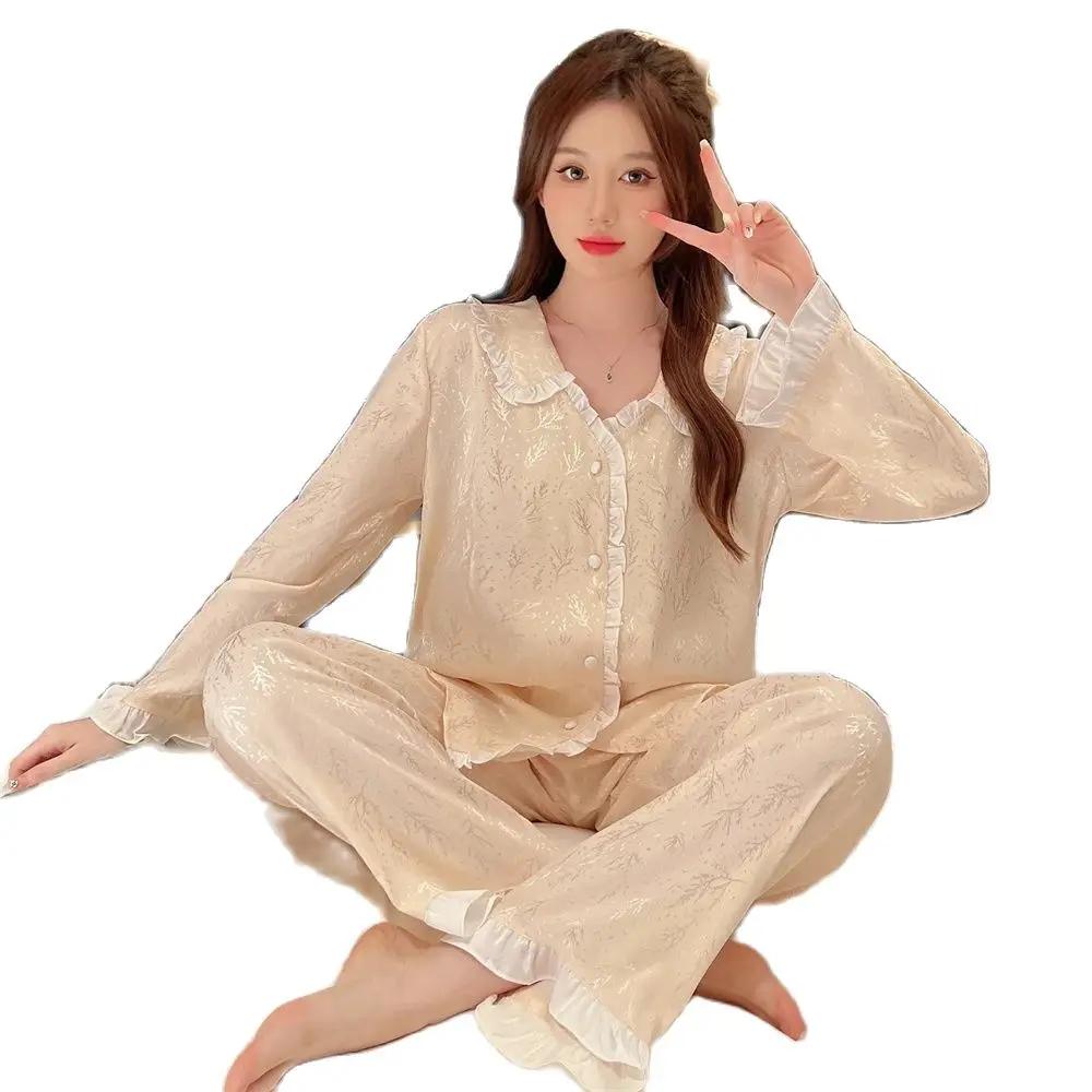 

Spring Autumn Ice Silk Pajamas Two-piece Long-sleeved Trousers Sleepwear Suit Female Cute Sweet Satin Ruffles Lapel Loungewear