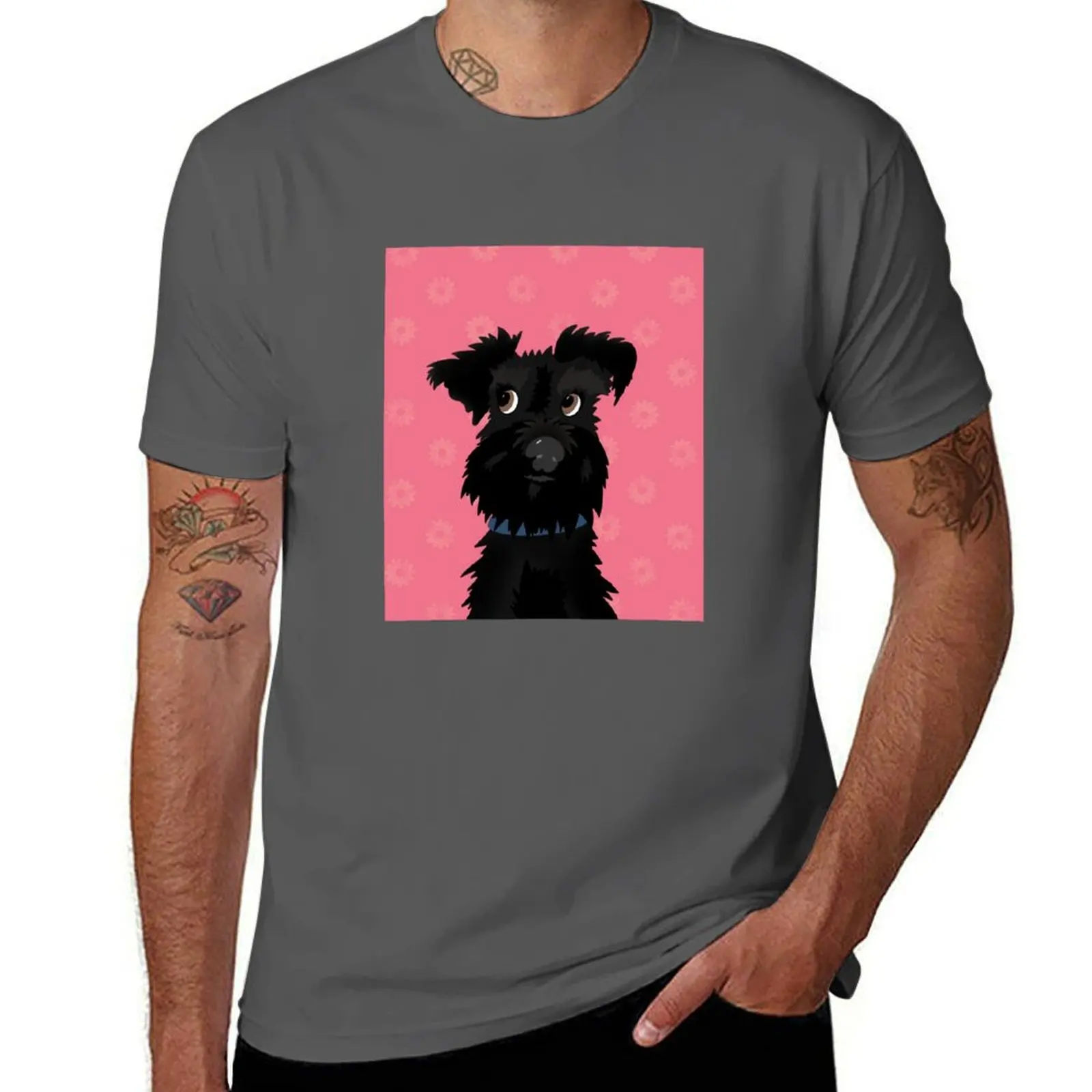 Black Miniature Schnauzer Dog with Pink Daisies T-Shirt Man t-shirt Anime t-shirt Clothing clothes t shirts for men