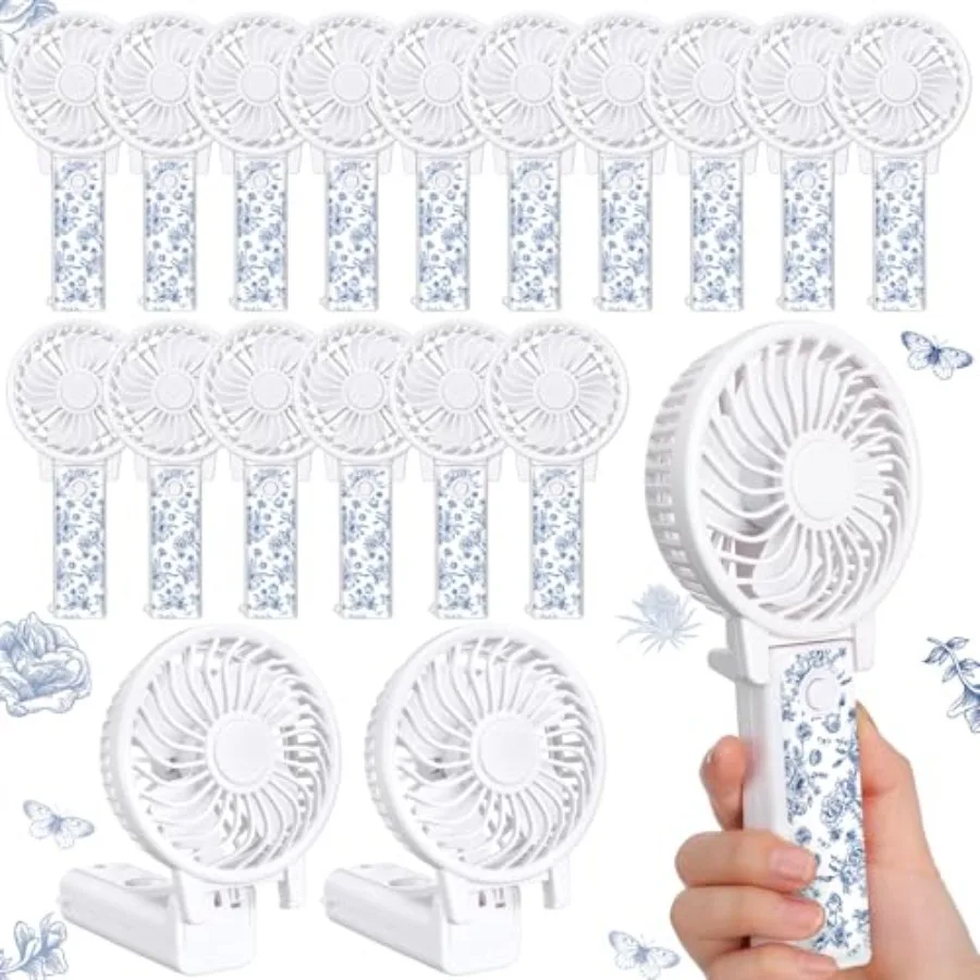 

25 Pack 180 Foldable Mini Portable Handheld Electric Fans Bulk for Wedding Guests Small Personal Blue Floral Fans Battery Opera