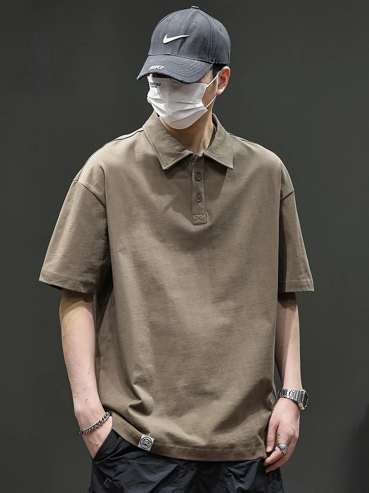 

Мужская летняя футболка из плотного чистого хлопка, новая, свободного кроя, с отложным воротником и пуговицами