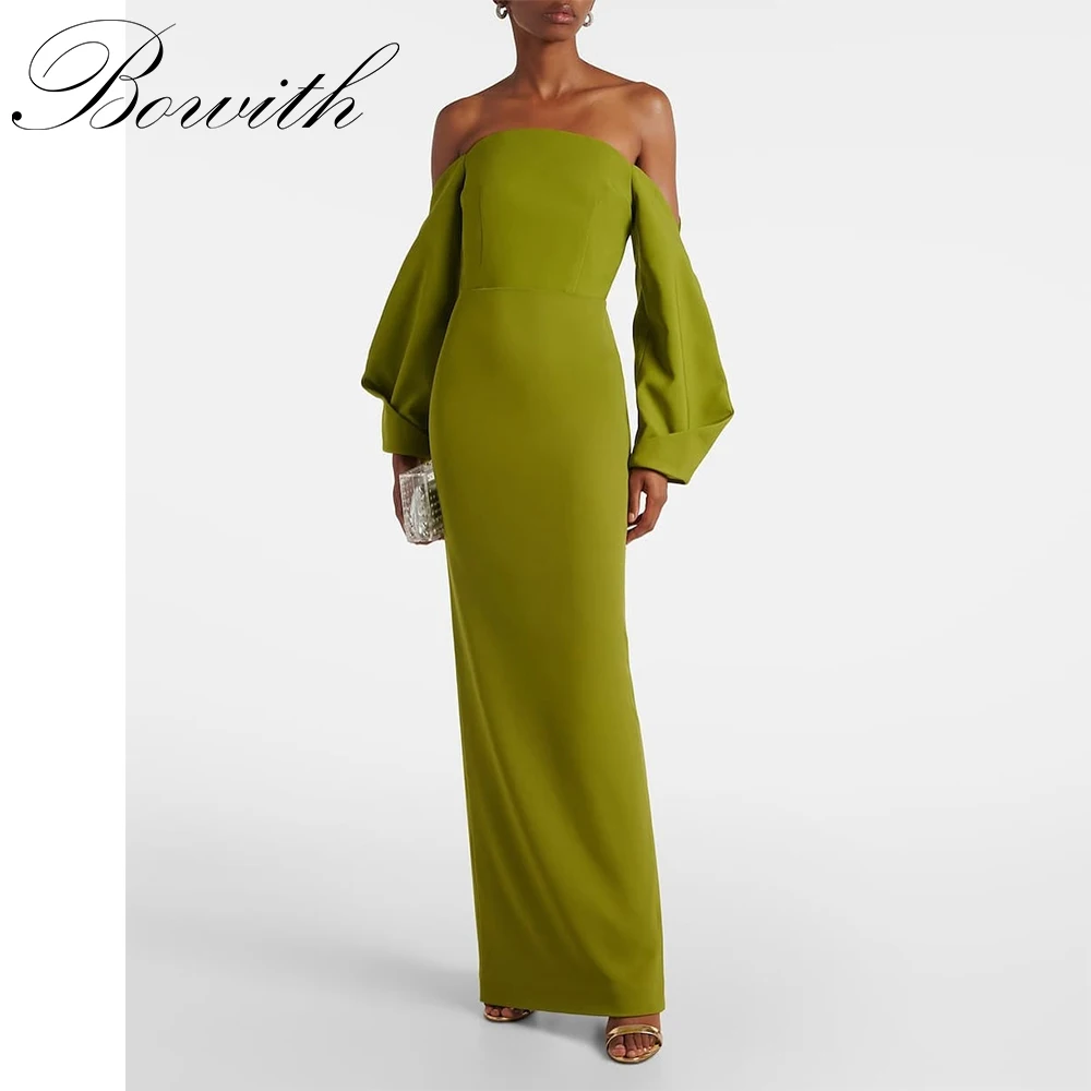 

Bowith Avocado Green Evening Dresses Off the Shoulder Puff Sleeves Prom Dresses Customized Straight Elegant Party Dresses