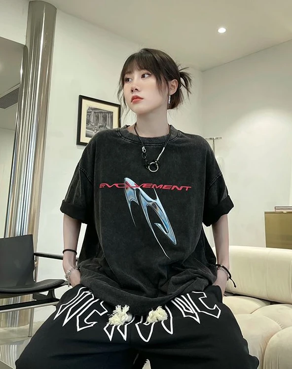 simple washed black letter printed loose T-shirt for men and women summer street casual trendy brand short sleeved y2k emo tops