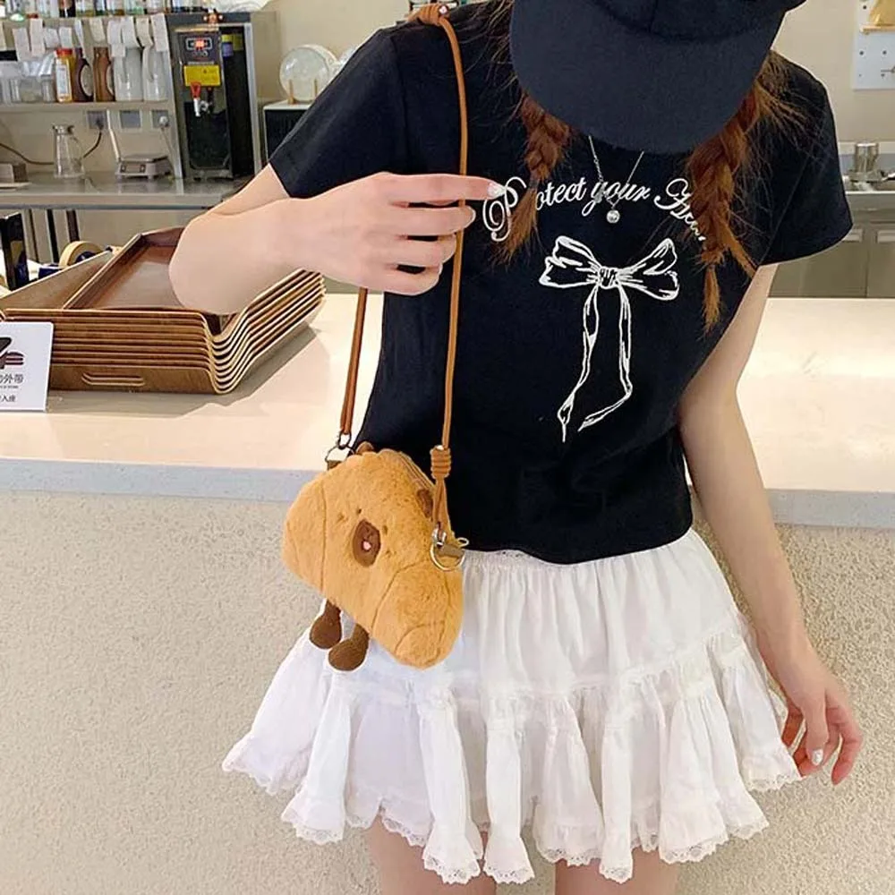 

Cute Bread Capybara Shoulder Bag Large Capacity Soft Plush Croissant Crossbody Bag Furry Lightweight Creative Cartoon Pouch