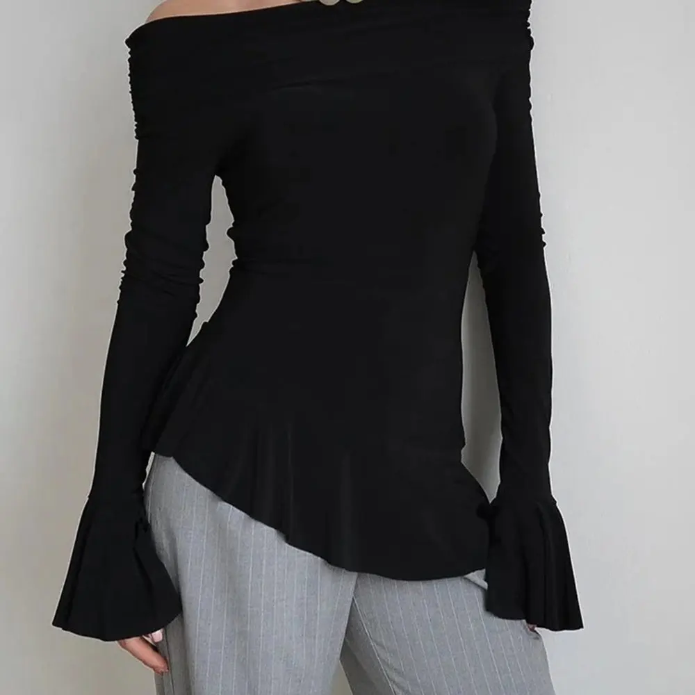 

Осенне-зимние женские футболки, корейские базовые однотонные футболки с длинными рукавами и открытыми плечами с воланами