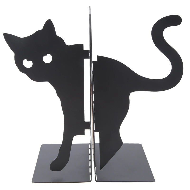 Design Cat Bookends - Metal Decorative Kitty Holders For Books, Magazines, Non-Slip Pads, Round Corners