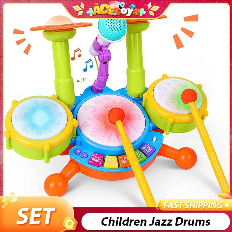 Ensemble de batterie de Jazz pour enfants, créatif avec lumière et musique, instruments éducatifs précoces pour bébés de 1 à 3 ans, jouets pour tout-petits, Microphone pour filles