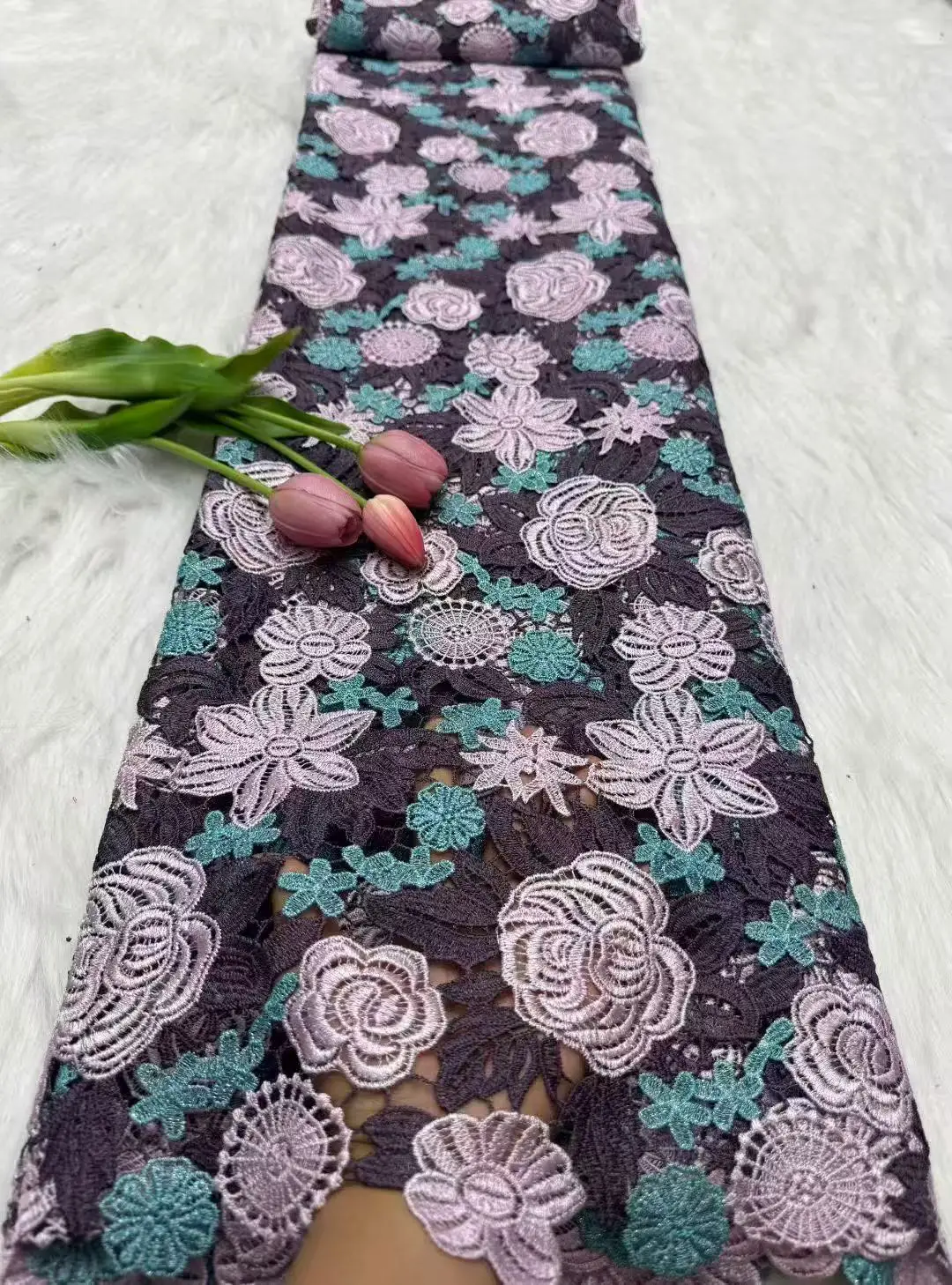 luxury african fabrics 5 meters Guipure Cord Lace Fabric High Quality Nigerian Stones Water Soluble for Sewing Women's Dresses