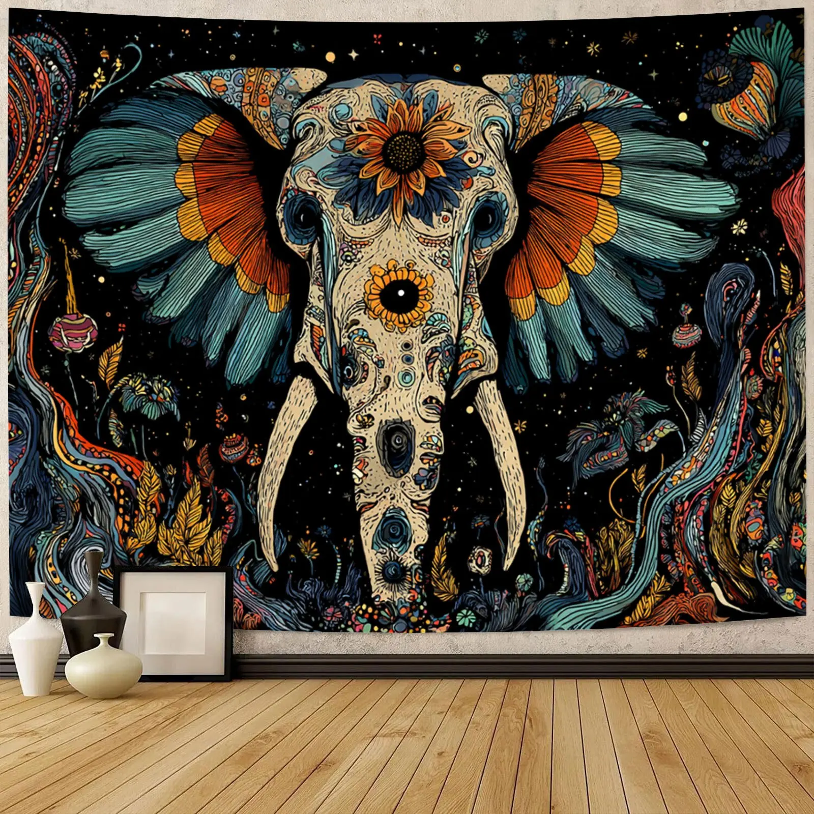 Massive Bohemian Skull Tapestry Wall Hanging Bohemian Boho Decor Psychedelic Skull Art Print Macrame Accent Living Room Decor 18