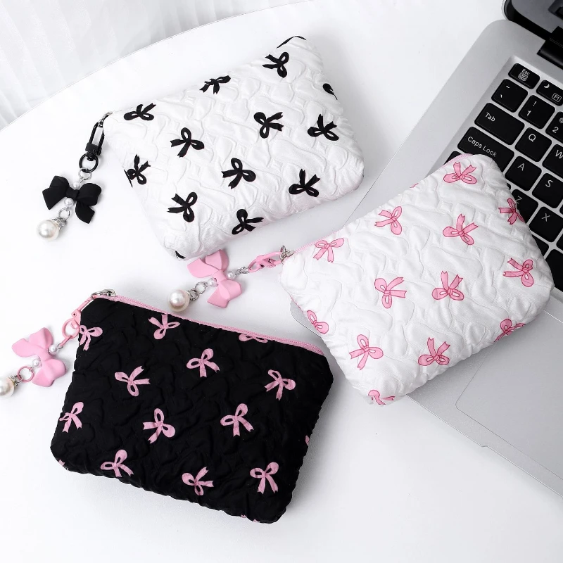 Cute Pink Bow Makeup Bag Mini Storage Case for Lipstick Card Sanitary Napkin Holder Women's Cosmetic Pouch