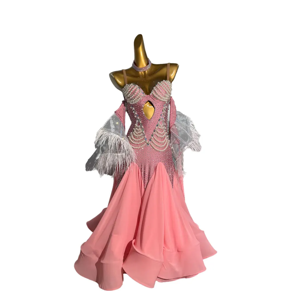 라틴 댄스 드레스 하이 엔드 맞춤형 하프 바디 대형 진주 서스펜더 탱고 여성 성인 어린이 무대 전문 의류