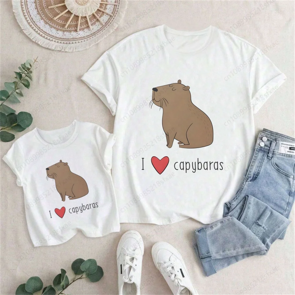 Capybara Cute Animal Cartoon Print Girl Shirts Children Comfortable O-Neck White Tshirt Short Sleeve Girl Boy Clothes