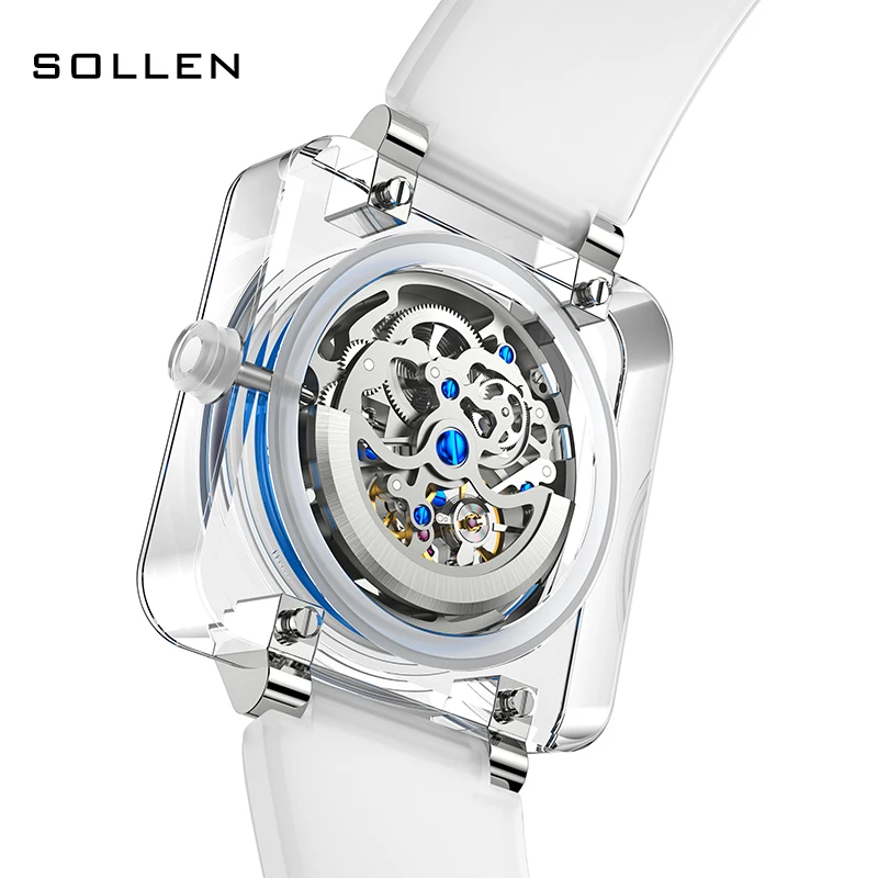 New Luxury Brand SOLLEN Seagull Automatic Mechanical Sapphire Men\'s Watches Luminous Waterproof Skeleton Transparent Clock SL325