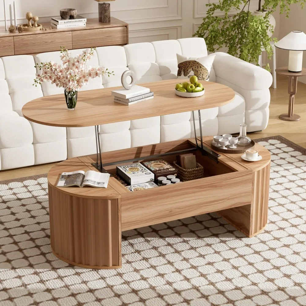 

Lift Top Coffee Table with Storage Hidden Compartment, Partially Assembled Wooden Fluted Center Table, Modern Oval