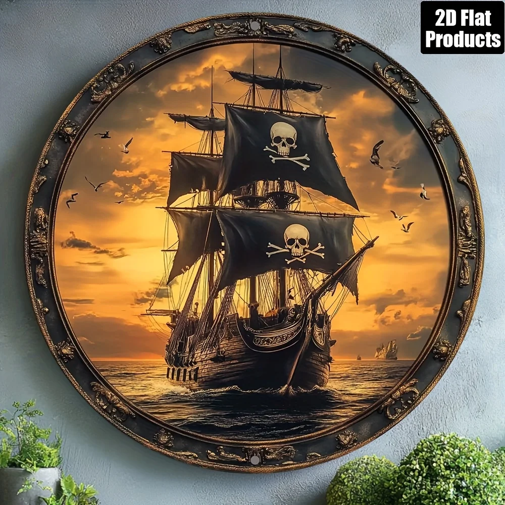 2D Flat, 1pc Vintage Pirate Ship Wall Decor - Round Aluminum Metal Nautical Sign Suitable for Home, Bar, Kitchen, Cafe, Office
